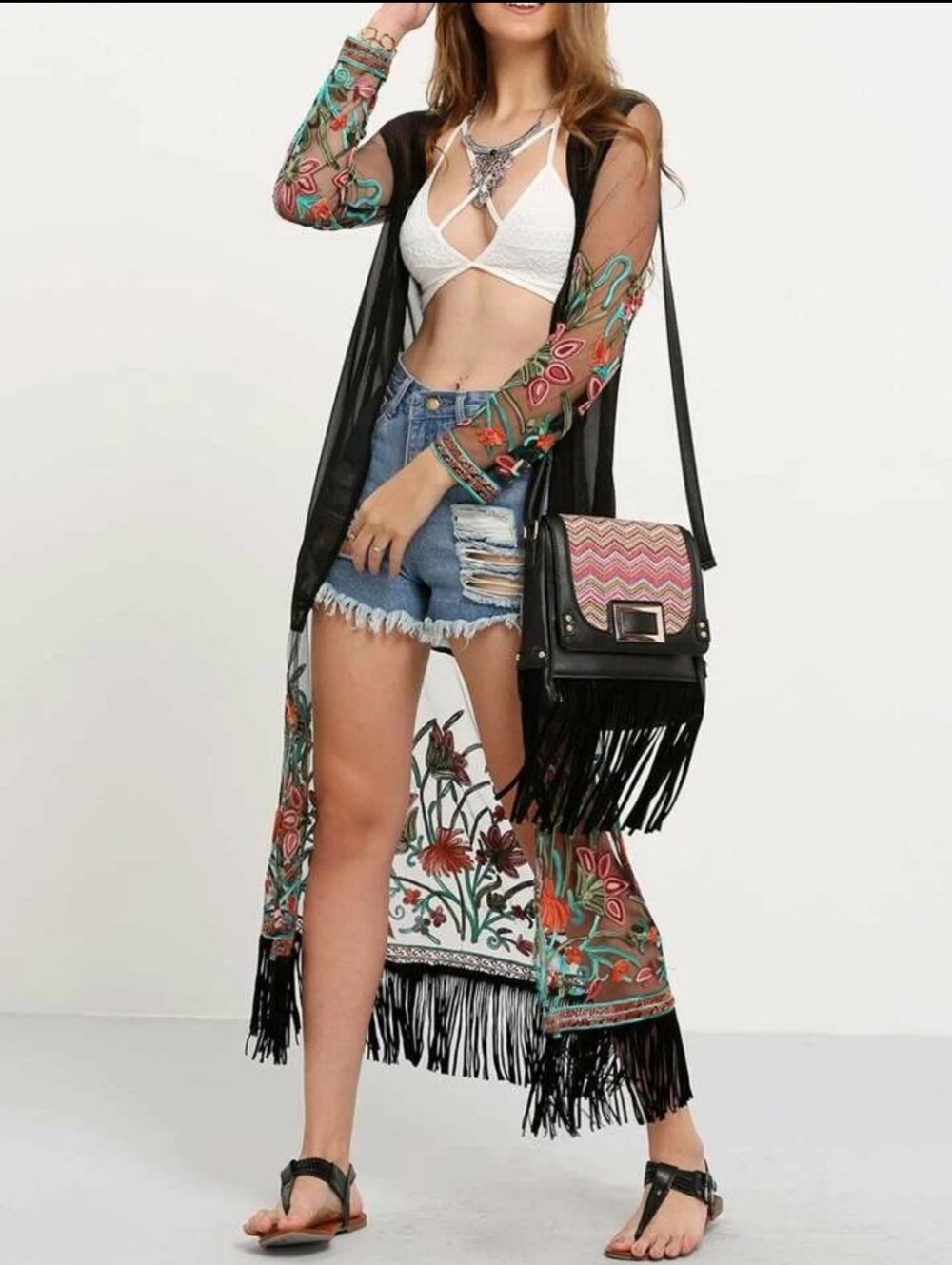 Fringe Colorful Embroidered Sheer Boho Festival Western Hippie Kimono Duster